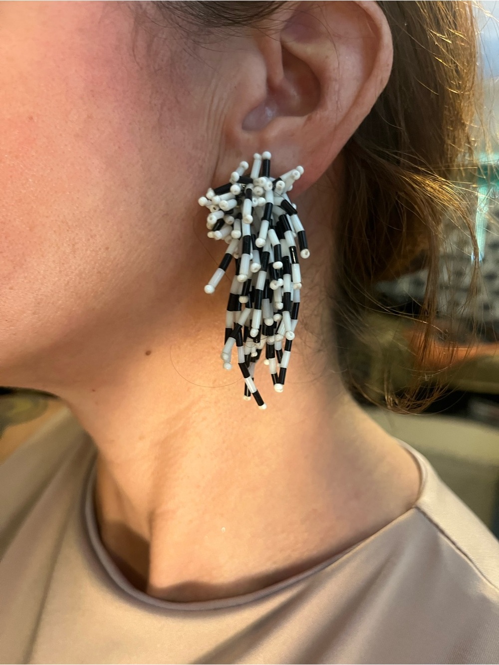 Handmade Black & White Beaded Drop CLIP ON Earrings - Women Jewelry